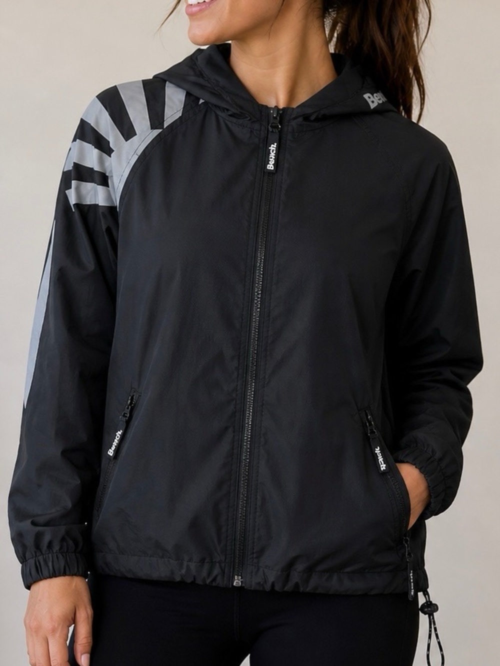 Bench Black Hooded Bomber Jacket with Reflective Silver Sun Accent